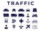 Traffic Icon Set with Car, Truck, Road, Motorcycle, Bicycle, Train, Airplane, Policeman, Marine, Bus, Map, Lights Icons