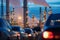 Traffic Jam Against the Backdrop of an Industrial Factory at Dusk. Generative ai