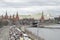 Traffic jam of cars on Prechistenskaya embankment cloudy day in april. Moscow
