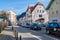 Traffic jam at Fussen with typical bavarian architecture buildings in day light at 27 March 2017