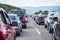 Traffic jam on the highway in the summer holiday period or in a traffic accident. Slow or bad traffic