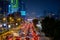 Traffic jam moves slowly along a busy road in city center in Bangkok. Annually an estimated 150,000 new cars join the heavily