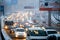 Traffic jam in Vladivostok during a snowfall.