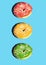 Traffic light concept made of donuts isolated on blue background. Food photo poster concept. Safety on the road. Do not eat while