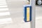 Traffic light control button with crosswalk scheme for blind people. Pedestrian road crossing for vision disabled people . Care,