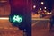 Traffic light for a cycling lane showing green bicycle symbol in colorful night scene