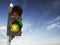 Traffic light with green light 2023 and red 2022 on sky background. Start New 2023 Year concept