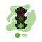 Traffic light illustration with green color. Flat green traffic light with color spot and text GO. Semaphore icon