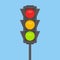 Traffic light isolated icon. Green, yellow, red lights vector illustration on blue sky background. Road Intersection