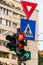 Traffic light with red light. Traffic light signal semaphore located in Bucharest, Romania, 2021