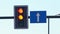 Traffic light switches the mode from red to green. Traffic light that allows traffic to move. Automatic traffic control in the cit