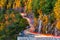 Traffic light trails on Hawk\'s Nest winding road