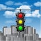 Traffic lights with all three colors on hanging against blue sky with clouds and cities buildings.