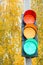 Traffic lights with all three colors Illuminated on cement pillar at crossroad on background of autumn park