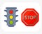 Traffic lights on white background and cartoon safety stop warning transportation danger urban signal vector