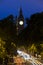 Traffic in London, light streaks at dusk.