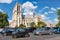 Traffic next to Notre Dame Cathedral in Paris