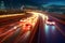 Traffic in night Speeding Cars on City Roads: Long Exposure Light Trails, AI Generative