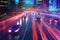 Traffic at night Urban Rush Hour Vibrant Light Trails on Busy Roads, AI Generative