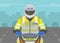 Traffic police officer riding motorcycle on the highway. Close-up view of motorcycle rider or biker wearing safety vest.