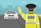 Traffic police officer stops the car and blocked the road. Standing in front of car. Flat vector illustration.