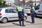 Traffic policeman works on the street at day time