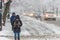 Traffic on Rachel Street during winter storm