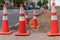 Traffic red cones on street warning construction works