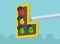 Traffic regulations. Perspective close-up view of a traffic signal with right green arrow.