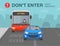 Traffic or road rule. Front view of blue sedan car and bus on a bus lane. Do not enter the bus lane and do not obstruct.