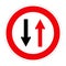 Traffic sign GIVE PRIORITY TO VEHICLES FROM OPPOSITE DIRECTION on white background