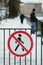 Traffic sign prohibiting pedestrian traffic. violation of a road sign is forbidden to people. in violation of the law, people are