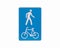 Traffic Sign white blue walking, cycling is allowed. Bike pedestrian street city signs.
