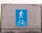 Traffic Sign white blue walking, cycling is allowed. Bike pedestrian street city signs.