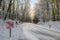 Traffic signs with red arrows on a dangerous curve on an snowy country road through the winter forest, safety driving concept,