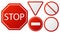 Traffic signs Stop. Restricted road warning sign collection, red police danger icons for driver. Round triangular and