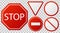 Traffic stop signs. Red police restricted road sign to enter stop danger isolated vector icon set