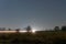 Traffic trails going across common land with cows silhouetted in the distance. On a winters night in the countryside