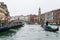 Traghetti boat in Grand Canal in Venice in rain
