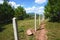 Trail along a border fence with forest to the sides and mountains ahead on a sunny day