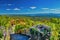 Trail in the foliage countryside, aerial view of New England landscape