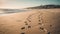 Trail of footprints on empty beach with no people. Tropical island summer vacation