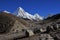 Trail leading towards Everest base camp and mount Pumori