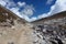 Trail in the Lobuche valley with big clouds and blue sky, Everest Base Camp trek, Nepal