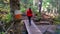 Trail marker sign or trail blazer. Hiking woman in forest. Female hiker walking amongst trees following trail signs in