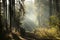 trail through a misty autumn forest at dawn path through a coniferous forest at sunrise morning fog surrounds the pine trees lit