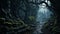 Trail through a mysterious dark old forest in fog Autumn Magical atmosphere. Fairytale generative ai