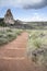 A trail and Praying Hands rock formation in the Garden of the Gods in Colorado Springs.