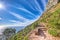 Trail on rocky landscape on Table Mountain in sunny Cape Town, South Africa. Lush green trees and bushes growing against