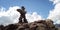 Trail Sign. Man like stone pyramid. Caucasus Mountains vintage effect.